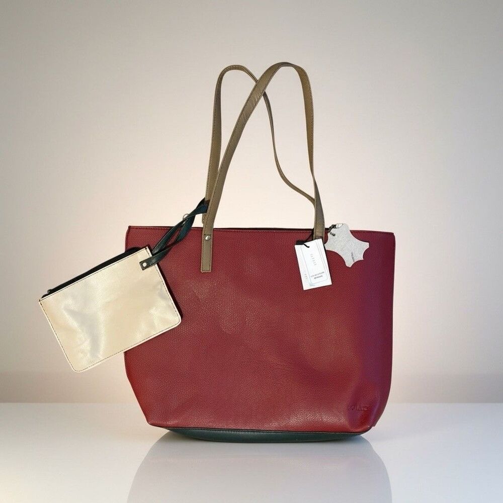 Soruka Recycled Leather Wendy Tote Bag Handmade Color Block Pouch Extra Strap